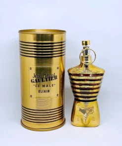 Perfume masculino Male Elixir dorado torso frasco amaderado haba tonka lavanda Bogotá Colombia