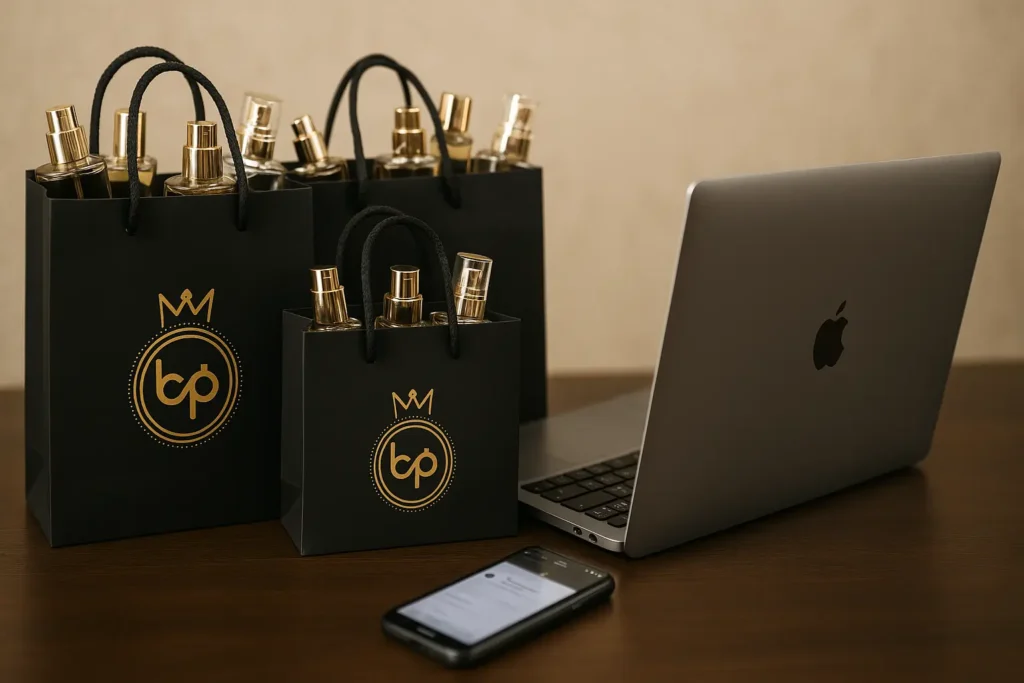 Bolsas con perfumes de Believe Perfumería junto a laptop y celular para contacto