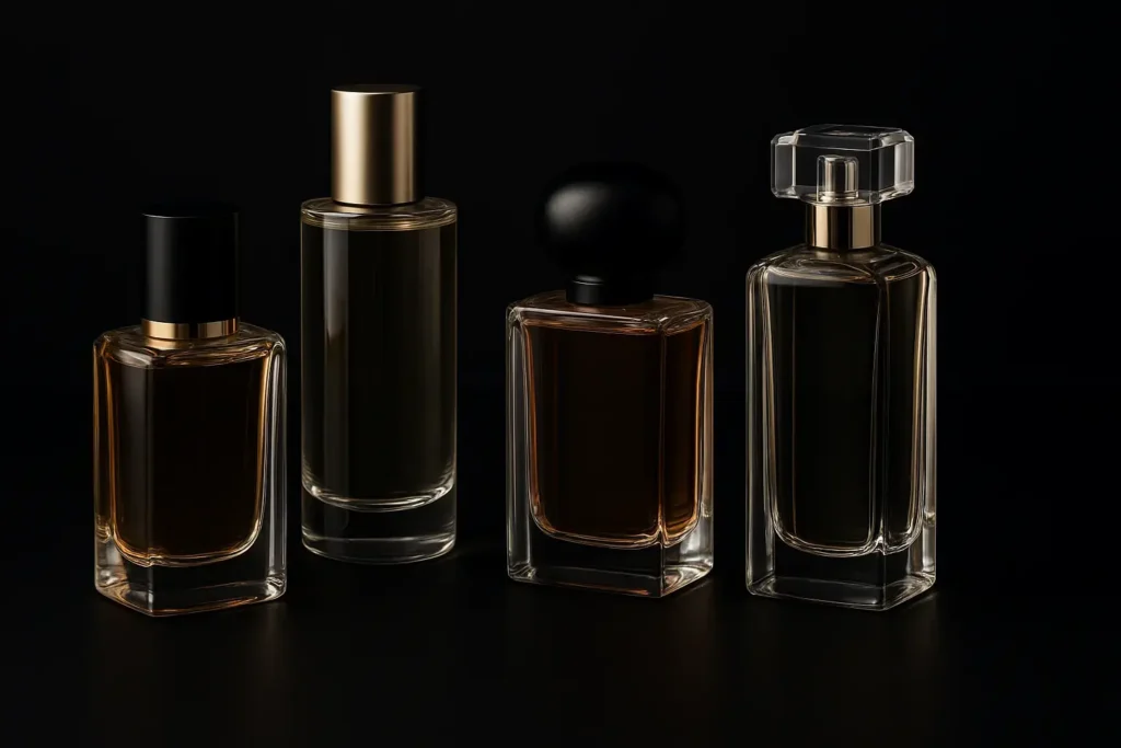 Cuatro frascos de perfume elegante sobre fondo negro, destacando fragancias premium en tendencia