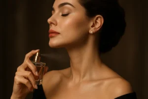 Mujer elegante aplicando perfume en cuello con frasco dorado, sobre fondo cálido y sofisticado